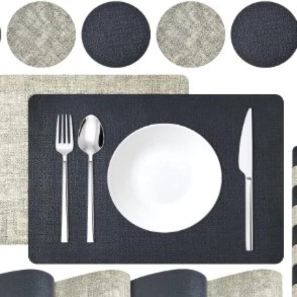 NEW 4 FAUX LEATHER PLACEMATS & COASTERS REVERSIBLE HEAT-RESISTANT BLACK & GRAY - Picture 1 of 13
